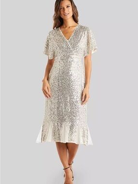 R&M Richards NWT Allover Sequin Faux-Wrap Wedding Dress with Godets 8 Petite